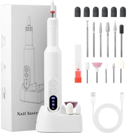 Torno Profesional Uñas Inalámbrico 18000 RPM - Lima Eléctrica 12 en 1 con Pantalla LCD y Carga USB-C, Base para 8 Brocas, Diseño Silencioso y Baja Vibración para Manicura Pedicura Casa y Salón