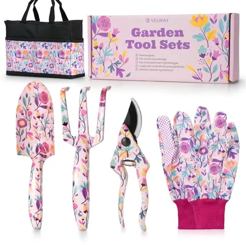 Velway Juego de Herramientas de Jardinería 5 Piezas con Bolsa y Guantes, Herramientas de Metal Floral, Mamá, Mujeres, Día de la Madre, Navidad, Cumpleaños