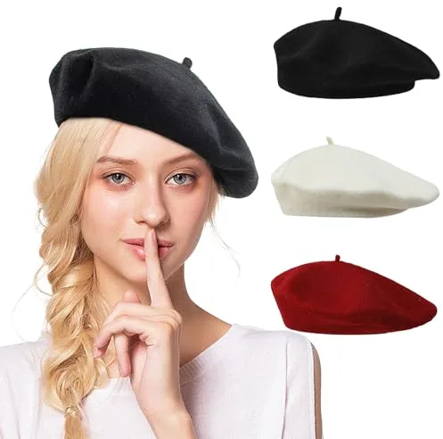 JSTHHTT 3 Piezas Sombrero de Boina Francés, Clásica Lana Gorro para Mujeres, Invierno Artista Cálido Moderno Pintor Sombrero Otoño Redondo Vintage