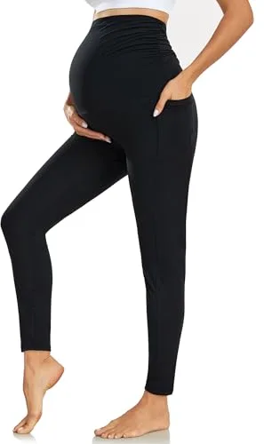 Farrobor Leggins Premama con Bolsillos Ropa Embarazada Mujer Pantalones Premama Cintura Alta Mallas Maternidad Elasticos