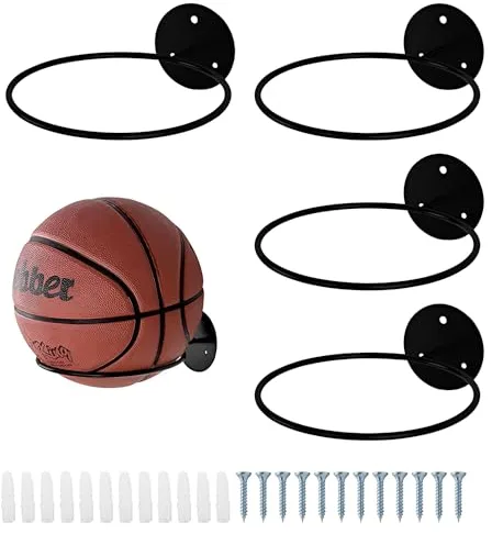 HTRTRR 4 soportes para balones de pared y baloncesto, fútbol, voleibol, rugby, expositor de balones con 12 tornillos