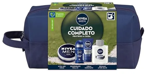 NIVEA MEN Pack Cuidado Completo Neceser, Set de regalo para hombre con crema facial (1 x 75 ml) crema hidratante todo el cuerpo (1 x 150 ml), bálsamo after shave (1 x 100 ml), desodorante (1 x 100 ml)