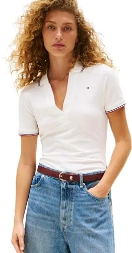 Tommy Hilfiger Polo de Manga Corta Mujer Open Slim Fit, Blanco (Ecru), XS