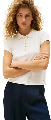 Tommy Hilfiger Camiseta de Manga Corta Mujer Gold Button Slim con Tejido elástico, Blanco (Ivory Silk), M