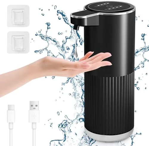 Cuteefun Dispensador Jabon Automático Líquido, 400ml Dispensador de Jabón Recargable, Dosificador Jabon Pared con Control de 4 Niveles, Indicación del Nivel de Batería, para Cocina, Baño, Negro