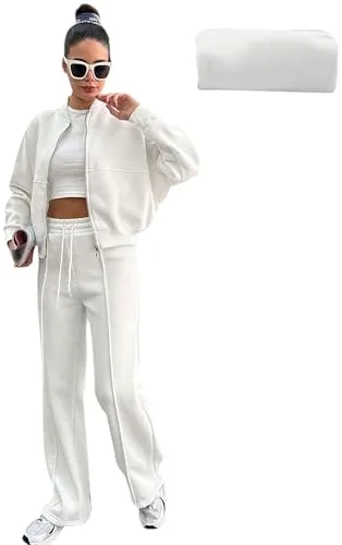 amropi Chándal de Mujer Forro de piel Chaqueta Sudadera con Cremallera y Pantalón Deporte Conjunto Blanco, M