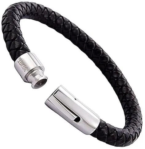 18KOra Pulsera hombre de cuero auténtico con cierre de acero inoxidable – diseño elegante y versátil (Negro 8mm, Grande (20,7 cms))