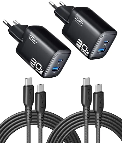 INIU 30W Cargador USB C, 2-Paquetes PD GAN Tech Cargador iPhone Carga Rapida, [USB C + USB A] Múltiple Enchufe Rápido y Cable para iPhone 17 16 15 Pro MAX, MacBook Air, iPad Pro, Samsung S25 Switch