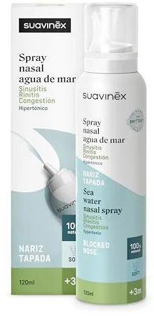 Suavinex, Spray Nasal con Agua de Mar, Apto Embarazadas, Lactancia y Bebés +3 Meses, Hipertónico, Descongestionante, Rinitis y Sinusitis, para Lavados Nasales, 100% Natural, Fuerza Suave, 120 ml