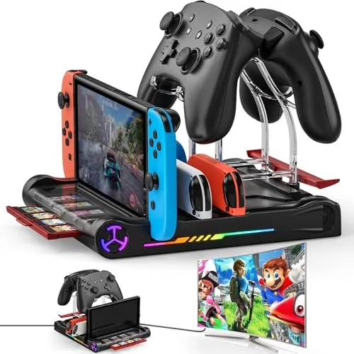 Switch Dock 4K Super Proyección, Base de Carga Multifuncional con 8 Ranuras de Juegos, Efectos RGB, Protege la Visión Infantil, Ideal para Fiesta Familiar en Pantalla Grande