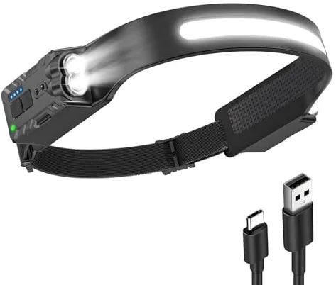 Diboniur Linterna Frontal, Linterna Frontal LED Recargable con 8 Modos de Luz, IPX4 Impermeable Linterna Cabeza con Sensor de Movimiento, Ángulo amplio de 340° Linterna de Cabeza para Camping, Correr