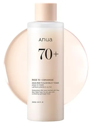 Anua Rice 70 Glow Milky Toner, Tónico lechoso hidratante para Glass Skin, Agua de arroz, Niacinamida, Ceramidas, Sin fragancia, 8.45 fl.oz
