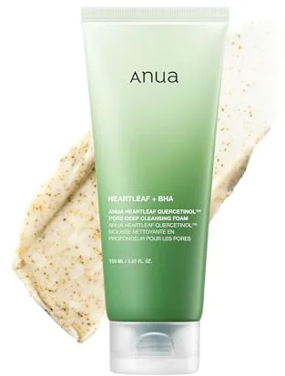 Anua Heartleaf Quercetinol Pore Deep Cleansing Foam, Limpiador facial, para doble limpieza, BHA, Ácido Hialurónico, Glicerina, Eliminador de puntos negros, Skincare coreano, 5.07 fl.oz