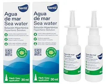 Senti2 Spray Nasal de Agua de Mar Hipertónica con Aloe Vera, Solución Descongestionante, 30 ml, para Resfriados y Alergias, Fácil Aplicación (paquete de 2)