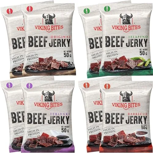 Viking Bites Beef Jerky, envase mixto de 400 g (8 x 50 g) - 2x Original, 2x Jalapeño, 2x Barbacoa, 2x Teriyaki - Cecina de ternera - Aperitivo de carne - Con un alto contenido de proteínas