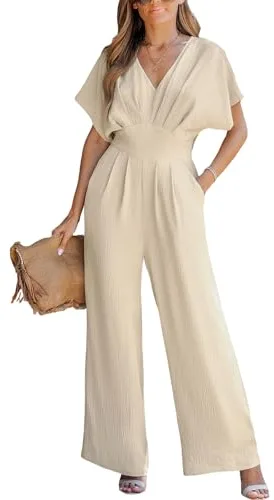 CUPSHE Mono de verano para mujer, con cuello en V, manga corta dolman, holgado, de pierna ancha, largo, de un solo pieza, de estilo casual para vacaciones, caqui, L