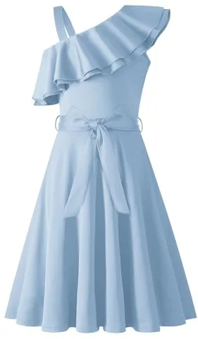 Arshiner Niñas Vestido Un Hombro Niños Verano Elegantes Festivo Escote con Volantes Vestido Sin Mangas Vestidos de Fiesta para Niñas 12-13 Años