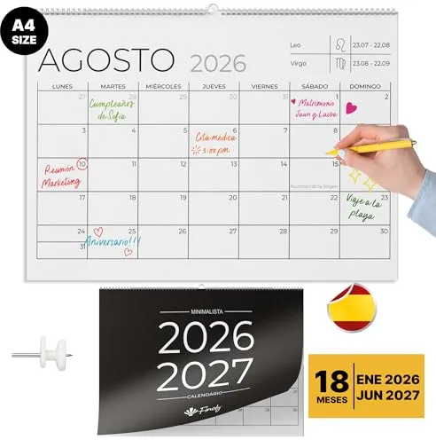 Finoly Calendario 2026 Pared Enero 2026 Junio 2027 (18 Meses) | Calendario Mensual 2026 | Calendario Pared 2026 | Almanaque 2026 con Cuelga Fácil