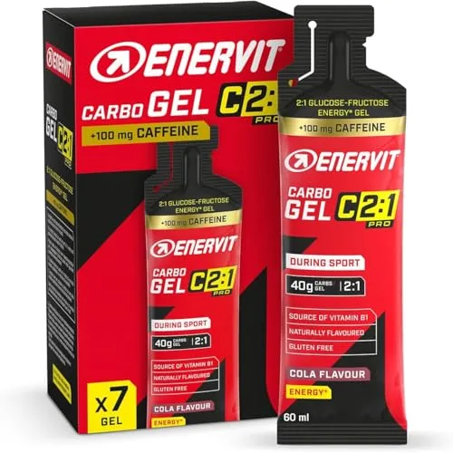 Enervit Carbo Gel C2:1PRO con Cafeína, Gel Energético con 40g Carbohidratos, Actividades de Alta Intensidad, +50% Carbohidratos Absorbidos, Sabor Cola, Sin Gluten, Alta Digestibilidad, 7 Pack de 60ml