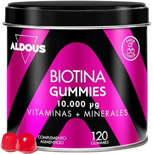 Biotina Gummies 10.000 mcg - 120 Gummies - Sabor Cereza - Gominolas para el Pelo - Acido Folico, Zinc, Selenio, Yodo + Vitaminas - Biotina para el Cabello - Vitaminas Pelo Piel y Uñas - Multivitaminas