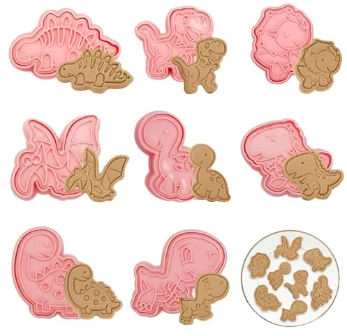 8 Piezas Moldes Galletas Dinosaurios Infantiles 3D, Plástico Molde de Galletas de Dinosaurio, Cortador Galletas para Fondant, Donuts, Decoración de Tartas