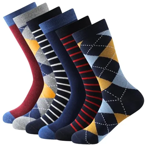 Balseti Calcetines Media Caña Formales y Básicos de Rayas, Rombos Rojo, Azul Marino, Grispara Hombres. Calcetines Ejecutivos, Frescos, Finos. 85% Algodón. Pack 6 Pares. Talla 39-42.