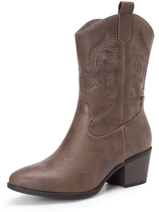 DREAM PAIRS BOTAS COWBOY PARA MUJER, BOTAS DE VAQUERA HASTA LA PANTORRILLA CON BORDADO, ZAPATOS DE PUNTA REDONDA Y TACÓN BAJO CHUNKY,Size 39,Marrón,DWUMMB2505