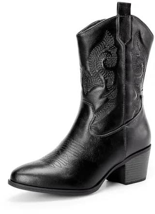 DREAM PAIRS BOTAS COWBOY PARA MUJER, BOTAS DE VAQUERA HASTA LA PANTORRILLA CON BORDADO, ZAPATOS DE PUNTA REDONDA Y TACÓN BAJO CHUNKY,Size 38,Todo Negro,DWUMMB2505