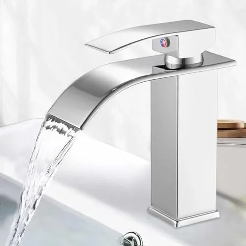 Minnhua Grifo Lavabo Cascada Grifo de Lavabo Baño Grifos para Lavabos de Baño Grifo Monomando Lavabo con Altura de Pico de 110 MM Grifo Cascada con manguera de Salida Caliente y Fría Plateados(Cromo)