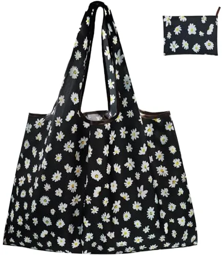 FenFang Bolsa de la Compra Plegable Grande, Bolsa de la Compra Reutilizable, Shopping Bag Tela, Bolsas de Compra Supermercado, Portátil, Estable, Lavable, Resistente (Flor Negra)