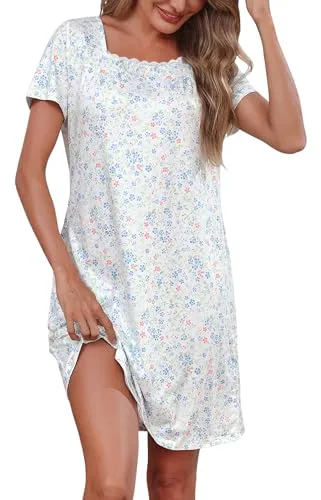 Litherday Camisón Manga Corta de Mujer en Algodón con Encaje, Ropa de Dormir Vestido Suelto Cómodo S-XXL