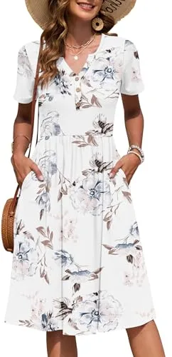 AUSELILY Vestido Verano Manga Corta Mujer Largo hasta La Rodilla Estilo Imperio Informal con Cuello en V Plisado y Bolsillos