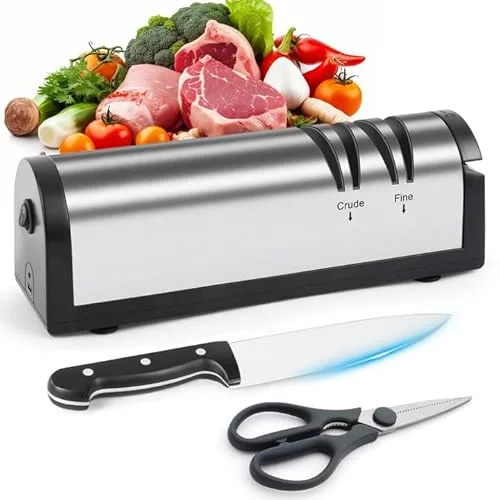 SOARFLY Afilador de cuchillos eléctrico, acero inoxidable, afilador de cuchillos eléctrico, profesional, ergonómico, afilador de cuchillos eléctrico para áspero y fino, ideal para todo tipo de