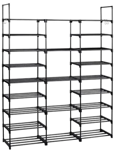 T-LOVENDO.ES Zapatero Grande y Estrecho Entrada recibidor. Mueble Organizador de Zapatos Armario estantería 157x31x127cm. 9 Niveles. Tubos de Hierro. Ganchos Laterales. hasta 50 Pares. Negro