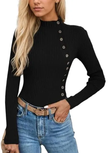 EMOTTOS Jersey de Punto por Cable para Mujer, Suéter Ligeros con Botón Lateral, Jerséis Tipo Jersey con Escote Medio Alto, Sudaderas de Estilo Vintage a Rayas para Mujer, Negro, L