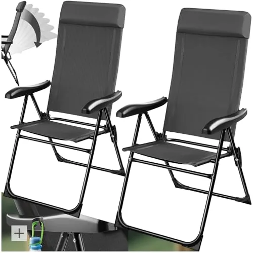 tectake® Silla de Camping Plegable de Aluminio, Respaldo Ajustable 7 Posiciones, Tejido Transpirable, Reposabrazos Ergonómicos, Cojín Extraíble, Pies Antideslizantes, Ideal Acampada y Playa - 2 sillas