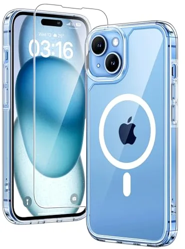 TAURI Funda para iPhone 15, Compatible con MagSafe [No amarillea] con Vidrio Templado, Carcasa Nueva para iPhone 15,Funda Ultra Fina antichoque - Transparente