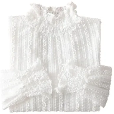 YEKEYI Blusa de encaje para mujer, manga larga, cuello alto falso, transparente, floral, encaje, blanco, L