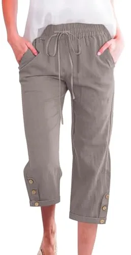 Voqeen Mujer Pantalones Verano de Algodón Frescos Pantalón Cintura Alta Elástico con Bolsillos Casual 3/4 Pantalones Anchos con Cordón Ligeros y Cómodos