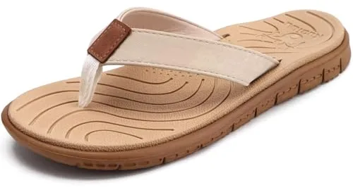 KuaiLu Chanclas Mujer Verano Playa Piscina Cuero y Tela Flip Flops Señoras Comodas Piel Planas Caminar Sandalias De Dedo Antideslizante Yoga-Espuma Chancletas Beige 38