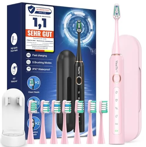 Cepillo de Dientes Eléctrico Sónico para Adultos y Infantil - Cepillo Dientes Infantil Sónico con 8 Cabezales y Estuche de Viaje, 5 Modos, IPX7 Impermeable, Cepillo Electrico Infantil, Rosa