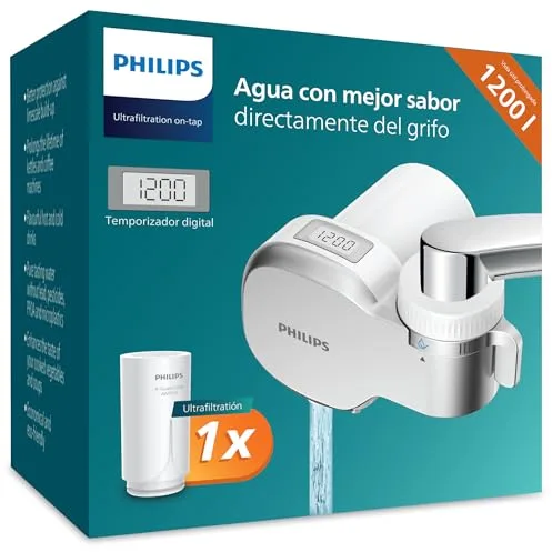 Philips Water Filtro de Grifo AWP3756P1/10, ULTRAFILTRACIÓN con PANTALLA DIGITAL, capacidad de filtración de 1200 L, reduce CLORO, PLOMO, MICROPLÁSTICOS y BACTERIAS