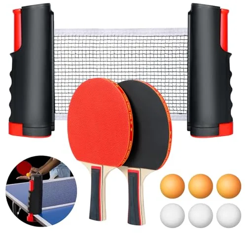 Flintronic Sets de Ping Pong, Juego de Raquetas de Tenis de Mesa Professionales, 2 Raquetas de Ping Pong, 6 Bolas, 1 Red Retráctil, 1 Bolsa de Almacenamiento, para Exterior y Hogar(Rojo)