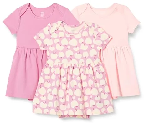 Amazon Essentials Vestido con body de manga corta Bebé Niña, Pack de 3, Manzanas/Rosa, 3-6 meses