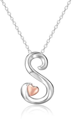 Mesovor Collar con Inicial de Plata para Mujer, Joyería Chapada en Plata de Ley | Collar Clásico con Colgante de Nombre y Letra con Corazón de Oro Rosa, Cadena de 20 Pulgadas (Letra-S)