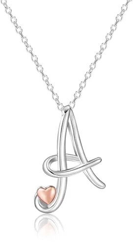 Mesovor Collar con Inicial de Plata para Mujer, Joyería Chapada en Plata de Ley | Collar Clásico con Colgante de Nombre y Letra con Corazón de Oro Rosa, Cadena de 20 Pulgadas (Letra-A)