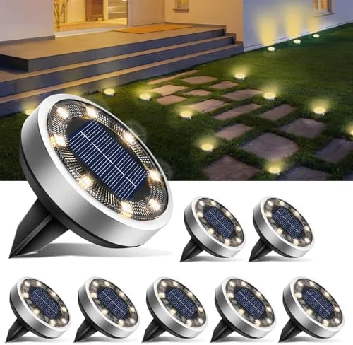 btfarm 8 Paquetes Luces Solares LED Exterior Jardin Suelo, 8 LED Luz Solar Exterior Jardin, IP65 Impermeable Lamparas Solares Suelo Camino, Césped, Patio, Terraza (Blanco Cálido)