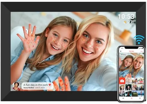 dxmart FRAMEO - Marco de fotos digital WiFi de 32 GB, pantalla táctil LCD WXGA IPS de 10.1 pulgadas, marco de fotos inteligente en la nube con rotación automática, momentos compartidos a través de la