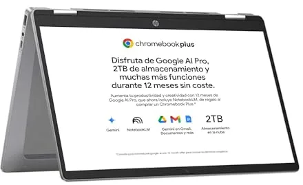 HP Chromebook Plus x360 - Ordenador portátil de Google 14" FHD (i3-N305, 8GB RAM, 256GB, ChromeOS) + Suscripción Google AI Pro con Gemini Pro y 2TB de Almacenamiento Durante 1 año - QWERTY Español