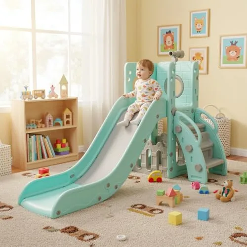 Tobogán Infantil, Tobogán para Niños 4 en 1, Toboganes Independientes, Tobogán Infantil Interior y Exterio, con Tobogán Largo, Escalada, Telescopio de Juego, Almacenamiento, Carga 60 kg, Verde Gris